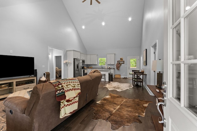 living area featuring recessed lighting, high vaulted ceiling, and dark wood finished floors
