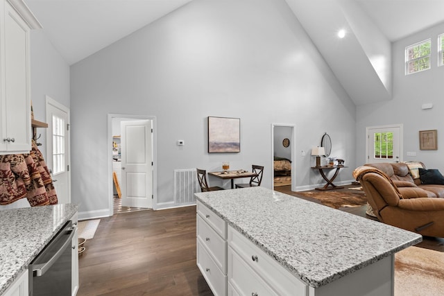 kitchen with light stone counters, stainless steel dishwasher, baseboards, open floor plan, and high vaulted ceiling
