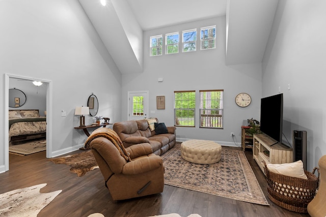 living room with baseboards, wood finished floors, and a high ceiling