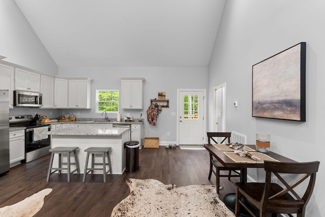 kitchen featuring high vaulted ceiling, white cabinets, a kitchen island, and stainless steel appliances