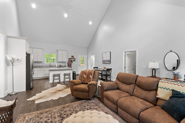 living area featuring dark wood-style floors, recessed lighting, and high vaulted ceiling