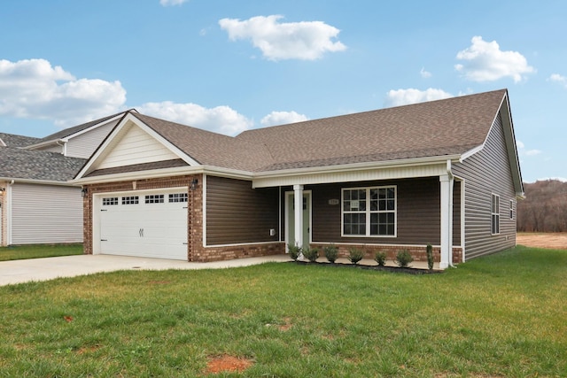 view of front of property featuring a porch, brick siding, a garage, driveway, and a front lawn