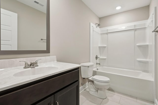 bathroom with vanity, shower / bath combination, toilet, visible vents, and tile patterned flooring