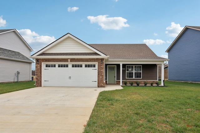 ranch-style home featuring a porch, brick siding, a garage, driveway, and a front yard