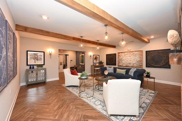 141 Saundersville Rd Unit 1305, Hendersonville, TN 37075 - living room featuring baseboards, recessed lighting, and beam ceiling