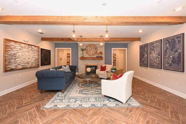 141 Saundersville Rd Unit 1305, Hendersonville, TN 37075 - living room featuring a fireplace, beamed ceiling, recessed lighting, and baseboards