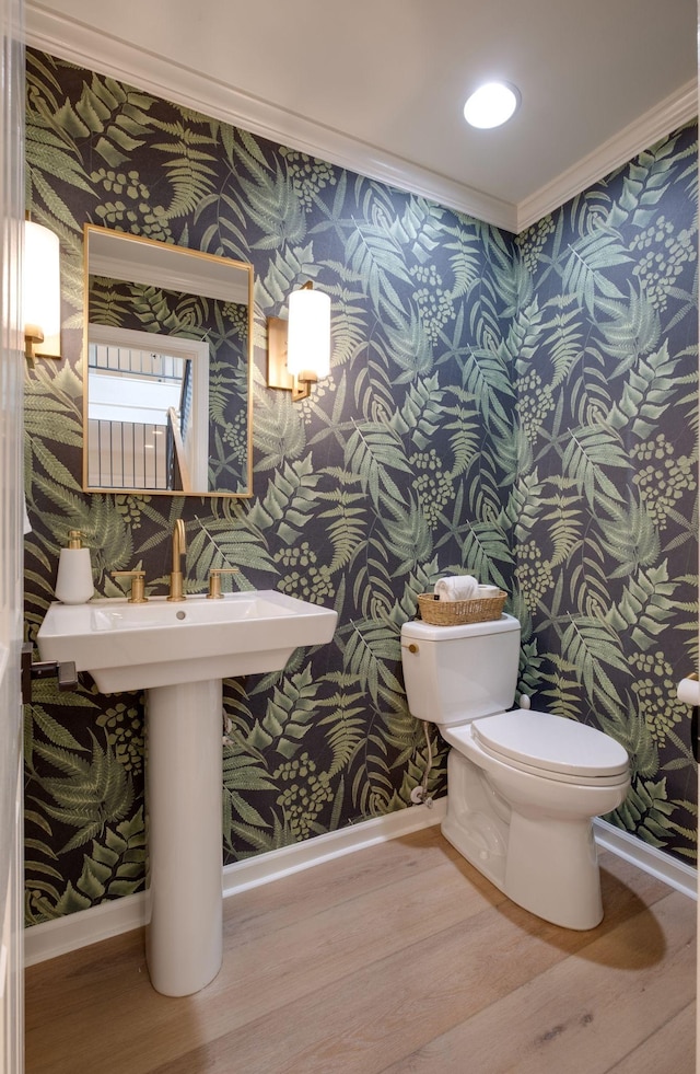 bathroom featuring baseboards, wallpapered walls, wood finished floors, and ornamental molding
