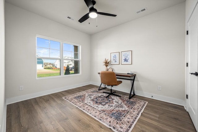 office area with wood finished floors, visible vents, and a ceiling fan