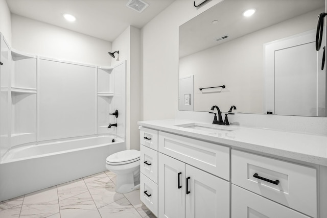 bathroom with visible vents, toilet, recessed lighting, and marble finish floor