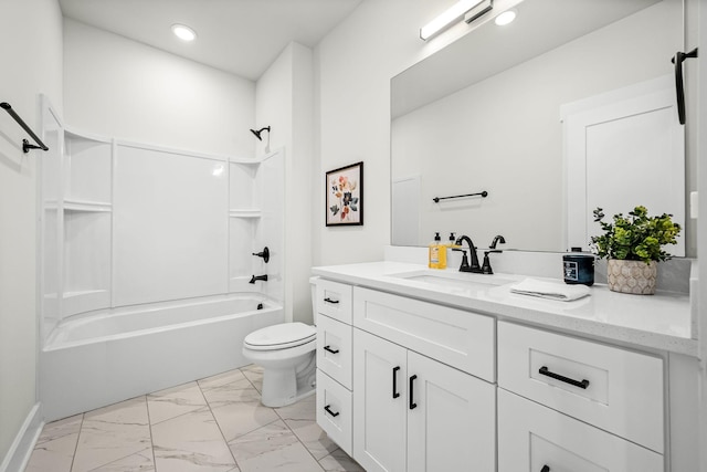 bathroom with recessed lighting, marble finish floor, toilet, shower / washtub combination, and vanity