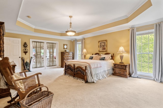 3668 Stonecreek Dr, Spring Hill, TN 37174 - bedroom featuring ornamental molding, multiple windows, a tray ceiling, and light carpet