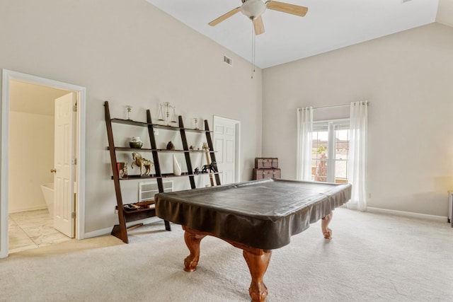 3668 Stonecreek Dr, Spring Hill, TN 37174 - game room with ceiling fan, visible vents, baseboards, high vaulted ceiling, and carpet