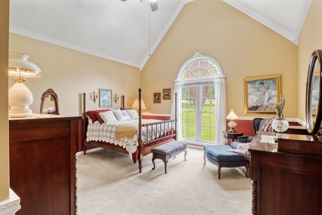 3668 Stonecreek Dr, Spring Hill, TN 37174 - carpeted bedroom featuring ornamental molding, a ceiling fan, and high vaulted ceiling