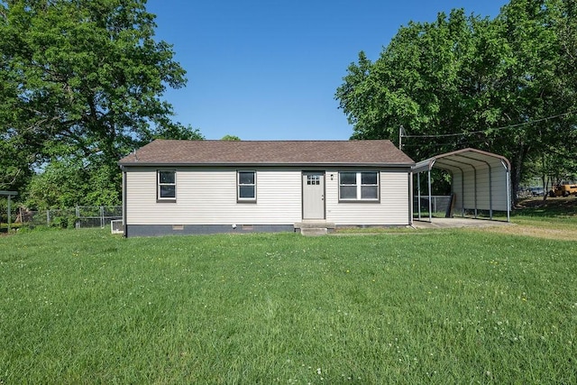 200 Freeman Dr, Lewisburg, TN 37091 - ranch-style home with a detached carport, fence, a front yard, a shingled roof, and crawl space