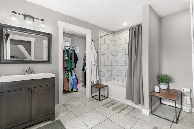 full bath with recessed lighting, shower / bathtub combination with curtain, vanity, baseboards, and tile patterned flooring