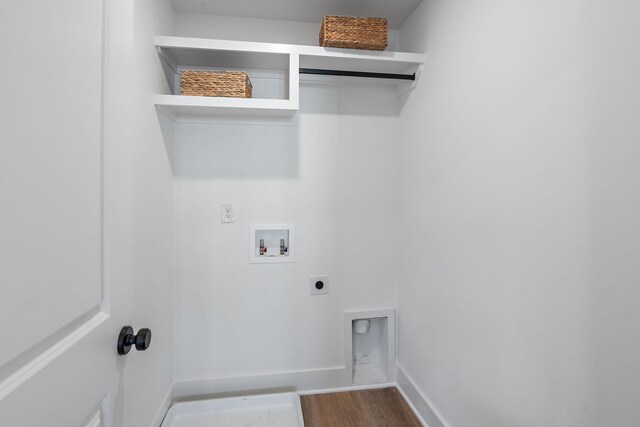 laundry room with hookup for a washing machine, wood finished floors, laundry area, hookup for an electric dryer, and baseboards