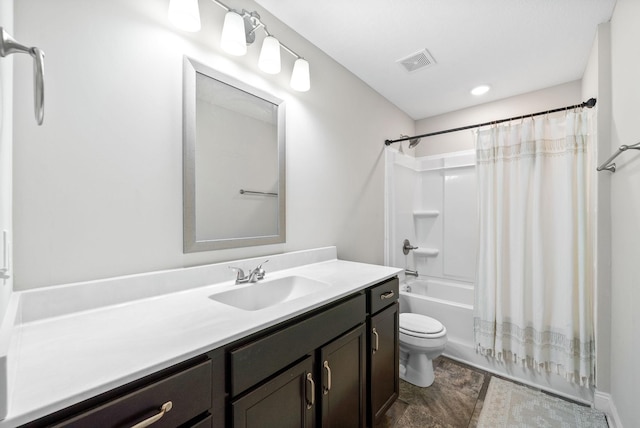 full bathroom with toilet, visible vents, shower / bathtub combination with curtain, and vanity