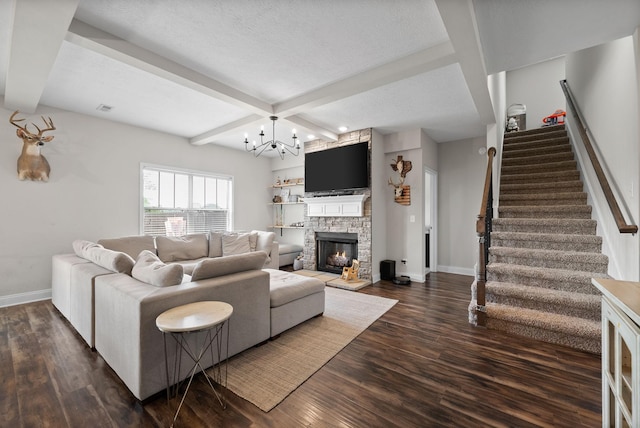 living room with stairs, a fireplace, beamed ceiling, baseboards, and dark wood finished floors