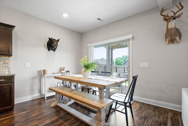 dining area with recessed lighting, baseboards, visible vents, and dark wood-style floors