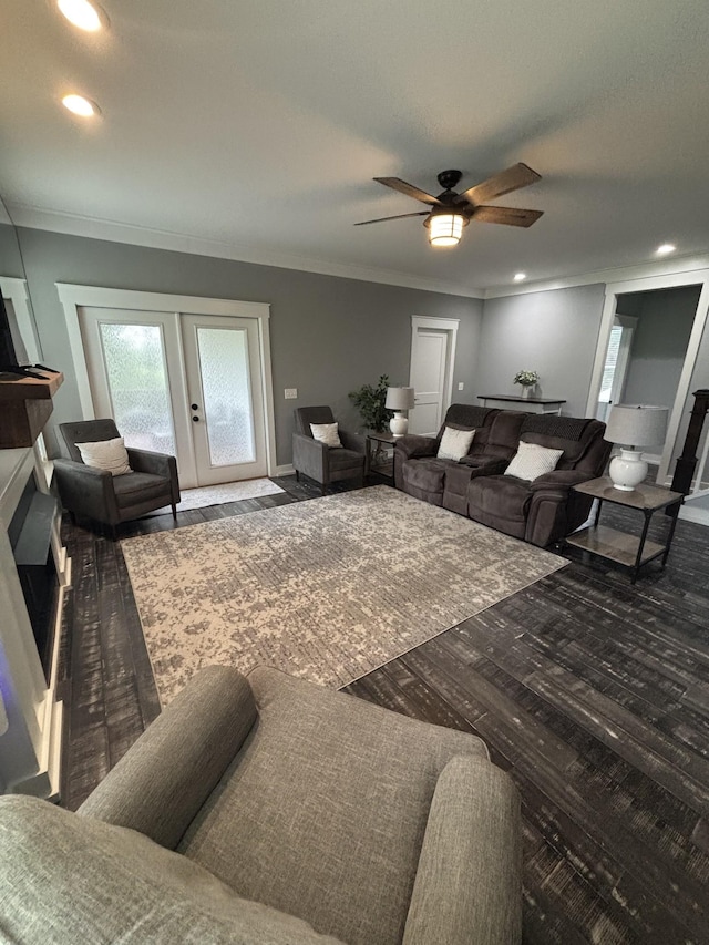 living room featuring ceiling fan, crown molding, french doors, and recessed lighting