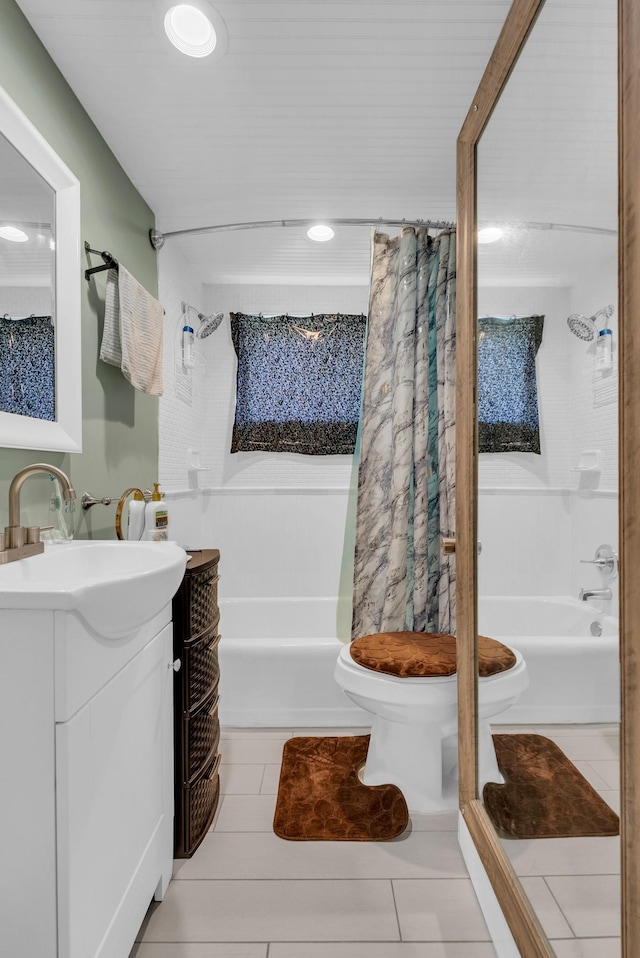 74 Farmer Rd, Crossville, TN 38571 - bathroom with shower / bath combination with curtain, toilet, tile patterned flooring, and vanity