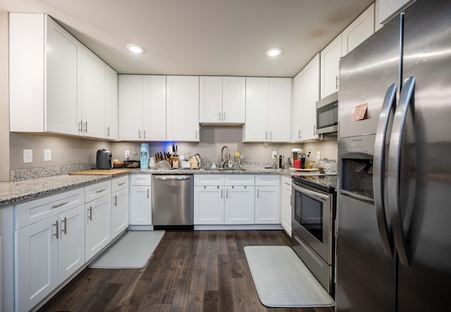 675 Hog Back Ridge Rd, Bethpage, TN 37022 - kitchen featuring appliances with stainless steel finishes, dark wood-type flooring, recessed lighting, white cabinets, and light stone countertops