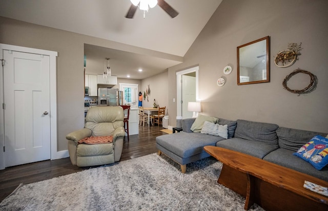 675 Hog Back Ridge Rd, Bethpage, TN 37022 - living area featuring dark wood finished floors, ceiling fan, vaulted ceiling, and recessed lighting