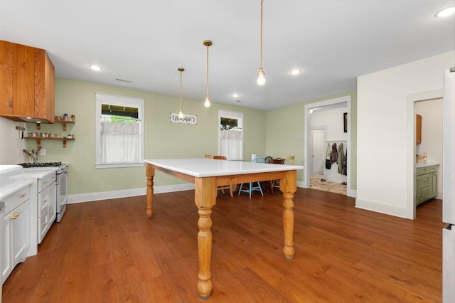 153 Lewis Rd, Morrison, TN 37357 - kitchen with dark wood finished floors, baseboards, white gas stove, and light countertops