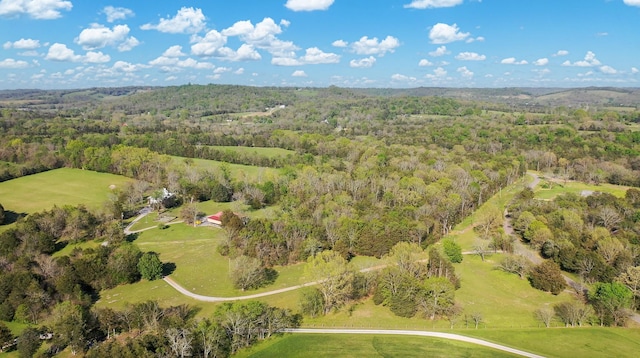 birds eye view of property featuring a wooded view