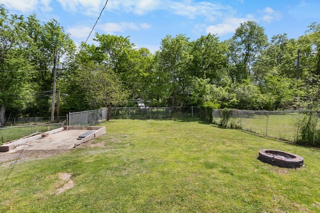 view of yard with an outdoor fire pit and a fenced backyard