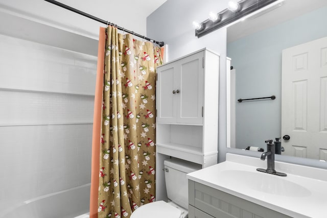 bathroom featuring shower / bath combination with curtain, toilet, and vanity