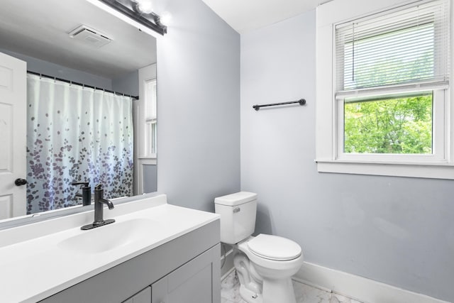 full bathroom featuring visible vents, baseboards, toilet, vanity, and marble finish floor