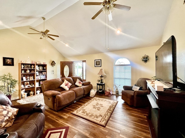 living room with baseboards, high vaulted ceiling, wood finished floors, and ceiling fan