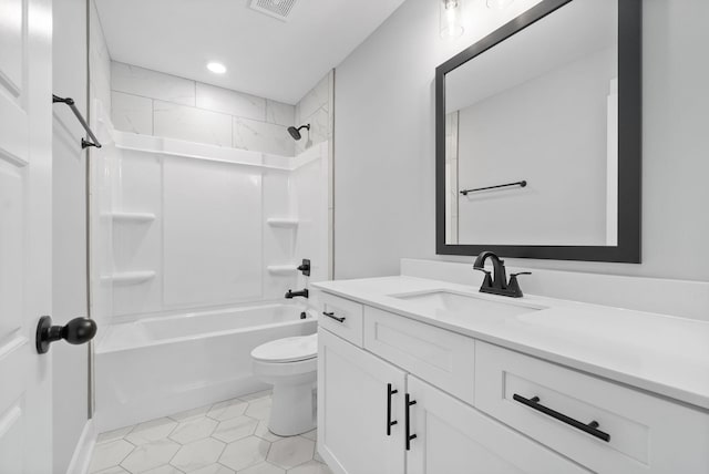 bathroom featuring washtub / shower combination, vanity, tile patterned floors, toilet, and visible vents