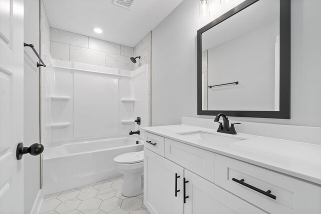 bathroom with vanity, shower / bathtub combination, toilet, visible vents, and tile patterned flooring