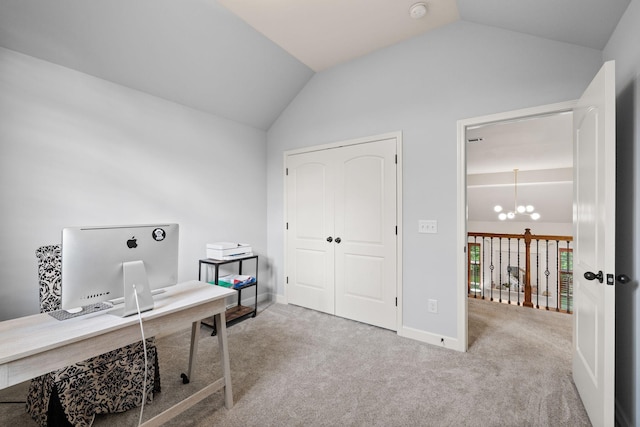 1004 Sattui Ct, Franklin, TN 37064 - carpeted home office featuring vaulted ceiling, a chandelier, and baseboards