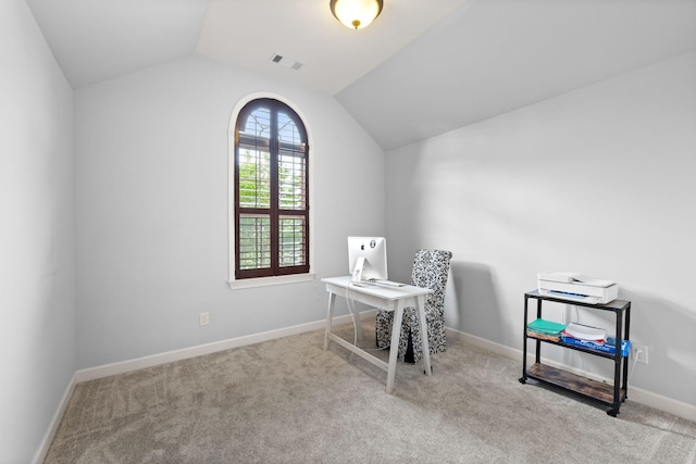 1004 Sattui Ct, Franklin, TN 37064 - home office with lofted ceiling, carpet flooring, and baseboards