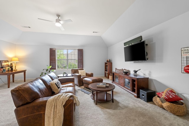 1004 Sattui Ct, Franklin, TN 37064 - living room with carpet, a ceiling fan, visible vents, and lofted ceiling