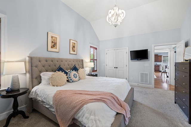 1004 Sattui Ct, Franklin, TN 37064 - carpeted bedroom featuring lofted ceiling, a closet, visible vents, a chandelier, and baseboards