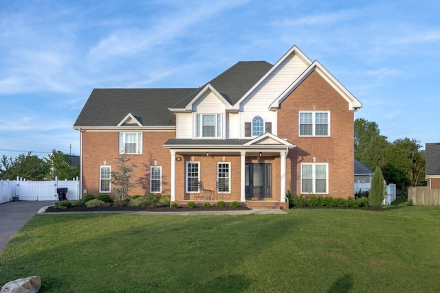 traditional-style home with a porch, a gate, fence, and a front yard
