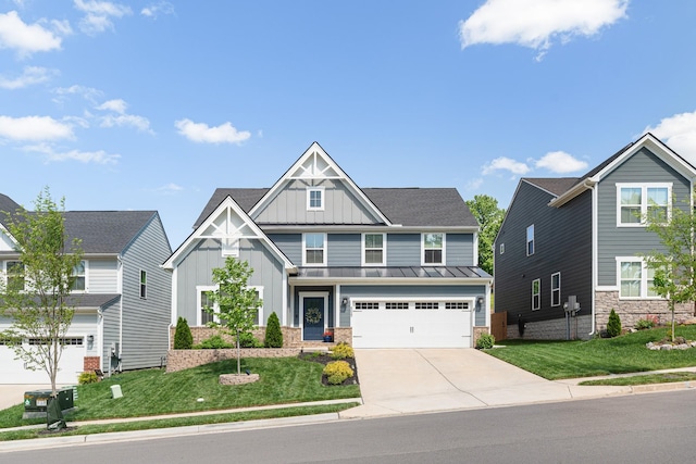 craftsman inspired home featuring a standing seam roof, board and batten siding, driveway, and a front yard