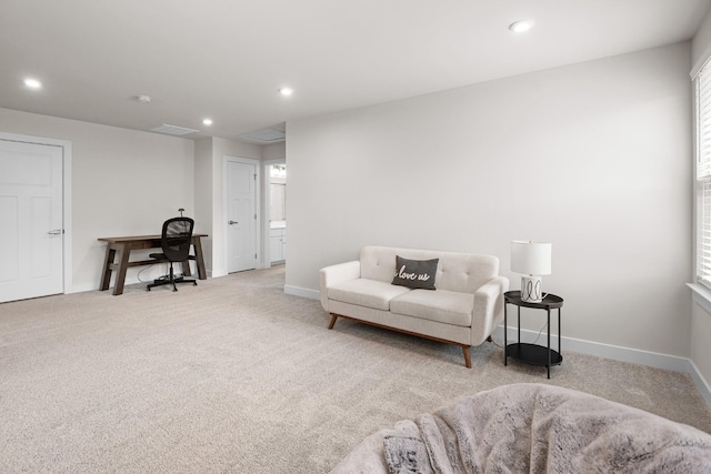 living room with baseboards, visible vents, recessed lighting, and light colored carpet