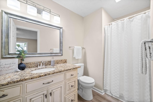 3844 Marla Cir, Clarksville, TN 37042 - full bathroom featuring a shower with shower curtain, baseboards, toilet, wood finished floors, and vanity