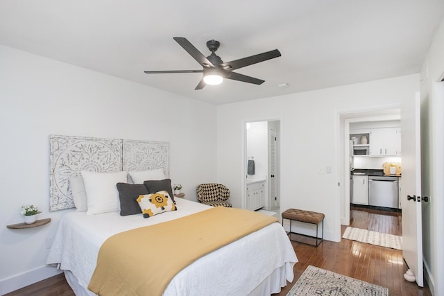 3901 Whitland Ave # 11, Nashville, TN 37205 - bedroom featuring a ceiling fan, ensuite bath, baseboards, and dark wood-type flooring