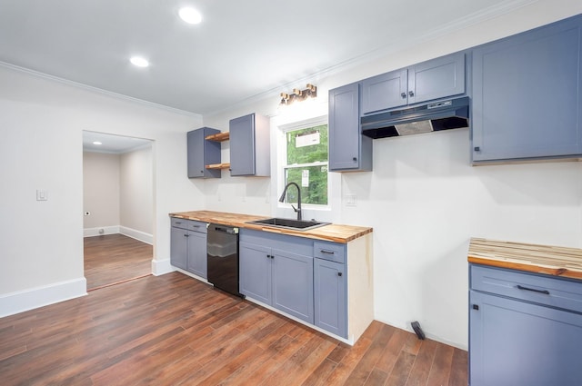 kitchen featuring a sink, wooden counters, dark wood-style floors, under cabinet range hood, and black dishwasher