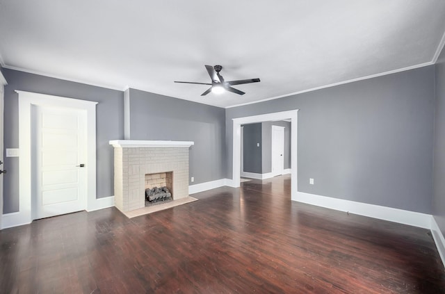 unfurnished living room with wood finished floors, a ceiling fan, and crown molding