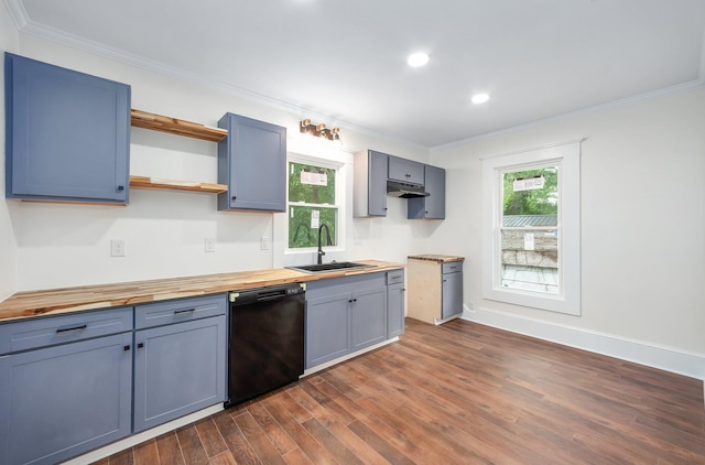 kitchen featuring dark wood finished floors, wood counters, open shelves, dishwasher, and a sink