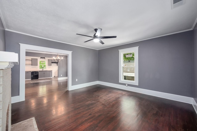 empty room featuring visible vents, crown molding, dark wood finished floors, and ceiling fan with notable chandelier