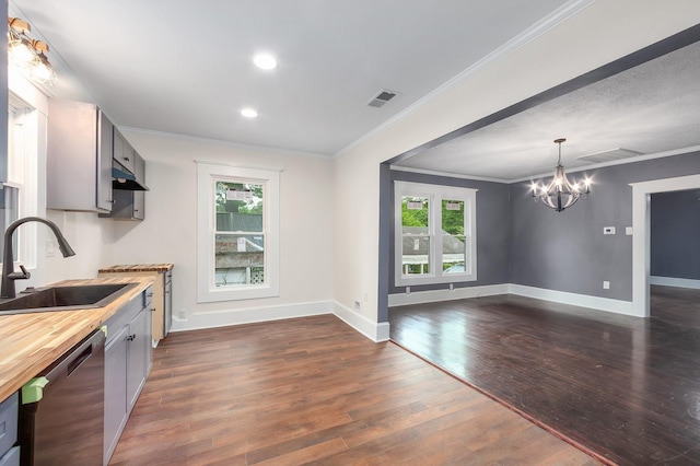 kitchen with butcher block countertops, a wealth of natural light, dishwasher, and a sink