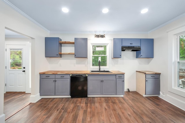 kitchen with wood counters, a sink, dark wood-style floors, dishwasher, and ornamental molding